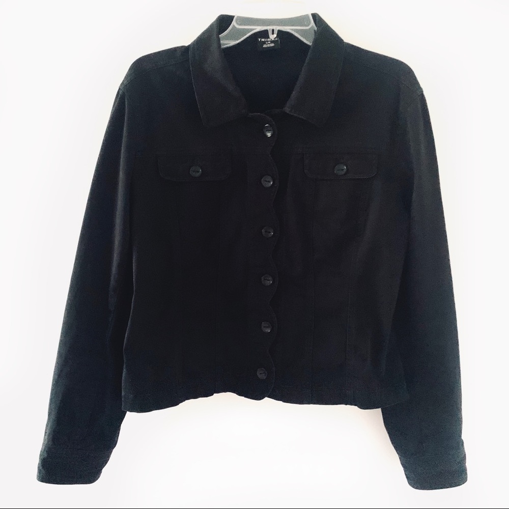 Tribal Cropped Button Down Cotton Black Jacket L